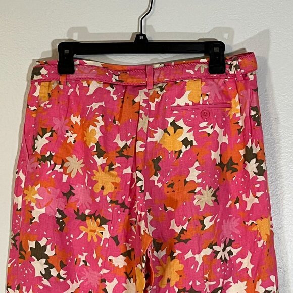 Sigrid Olsen Cropped Belted Wide Leg Linen Pants Pink Orange Floral Size 8 - Picture 9 of 10